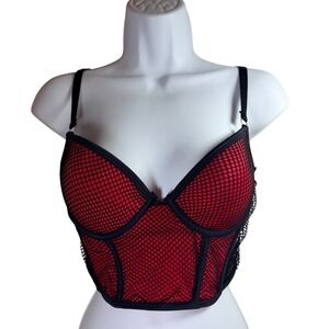 Hot Topic Morbid Threads Red Black Fishnet Corset Top Vintage Longline Bra 34B